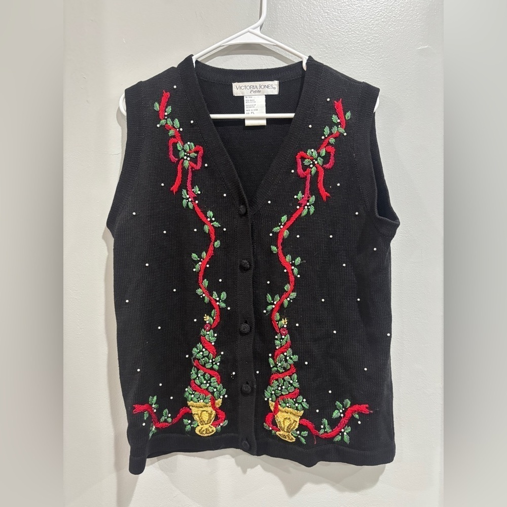 Victoria Jones Vest Black Multi Christmas Floral Embroidered Design Buttons LP
